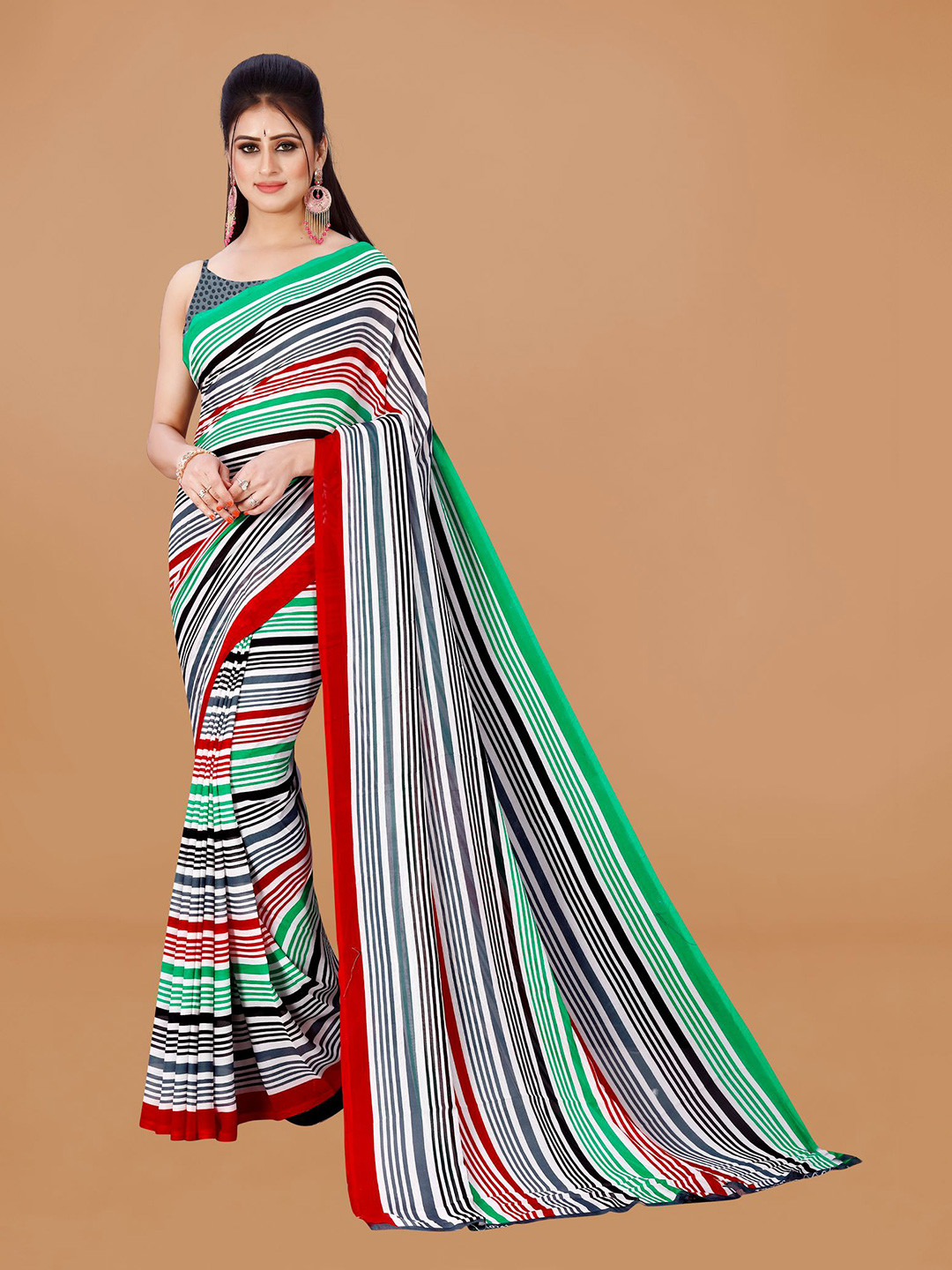 

ANAND SAREES Striped Pure Georgette Saree, Green