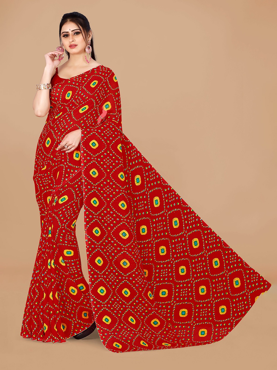 

ANAND SAREES Bandhani Printed Pure Georgette Saree, Red