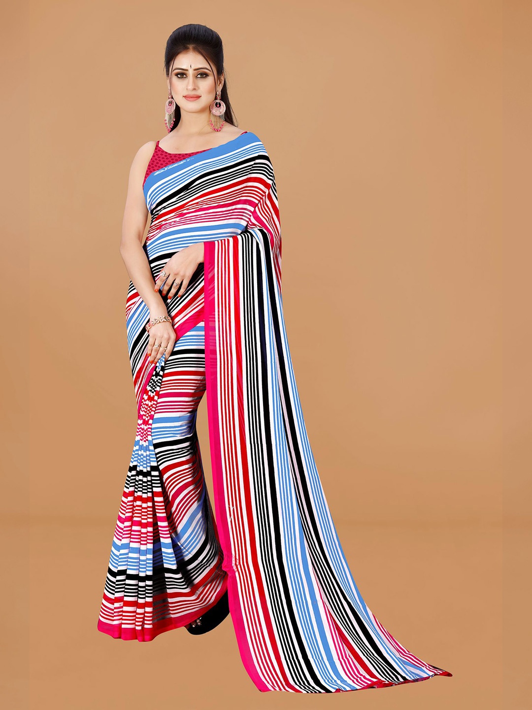 

KALINI Striped Pure Georgette Saree, Pink