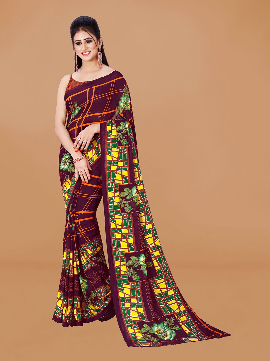 

KALINI Floral Pure Georgette Saree, Brown