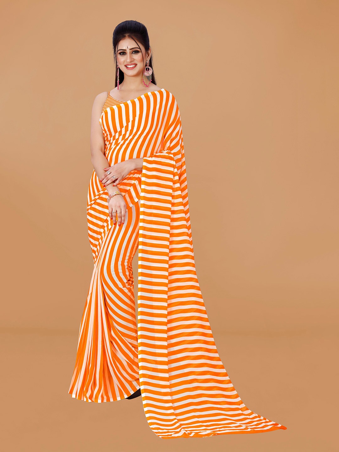 

ANAND SAREES Striped Pure Georgette Saree, Orange