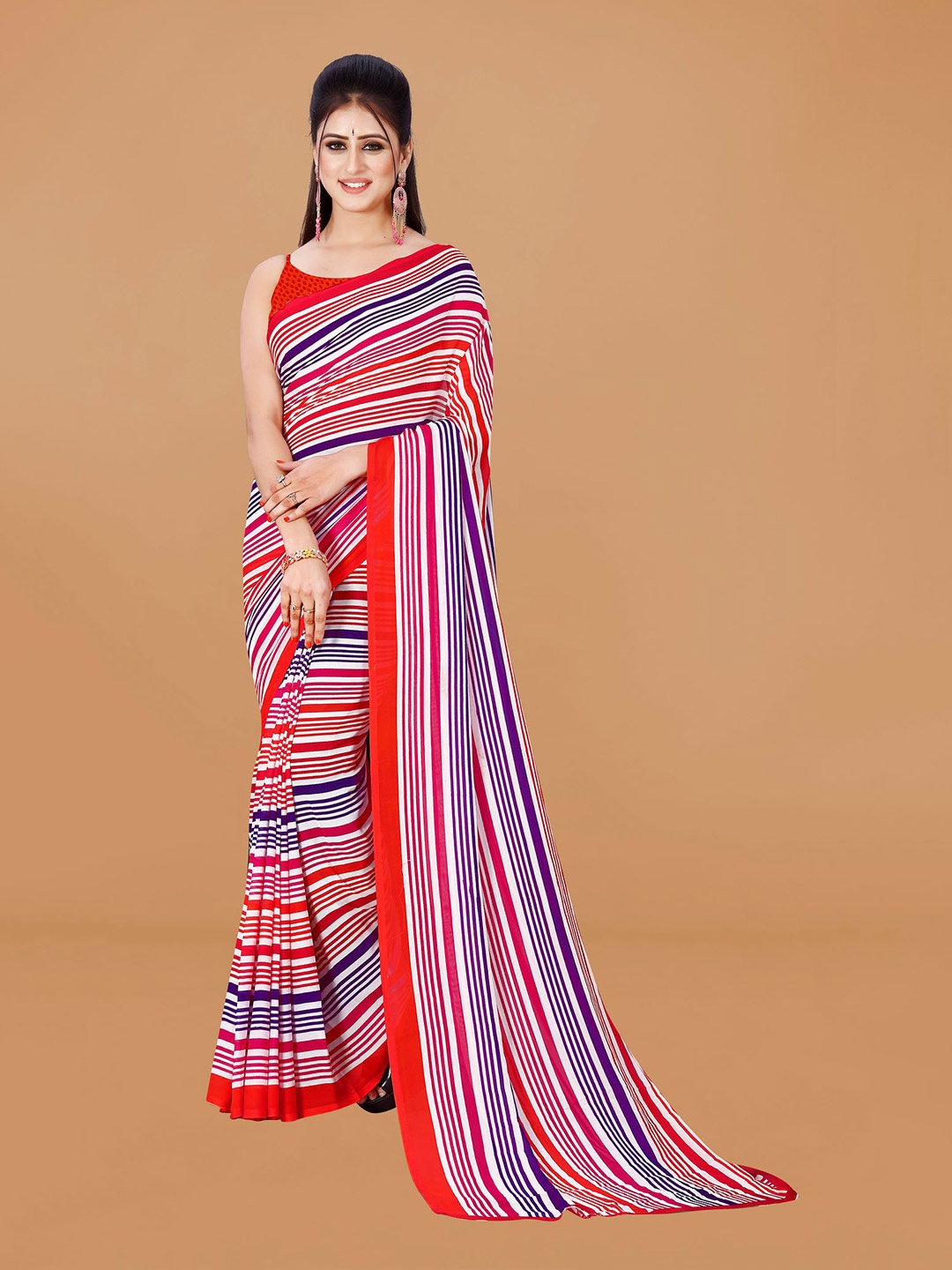 

KALINI Striped Pure Georgette Saree, Red