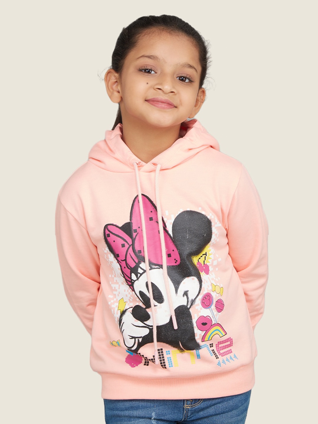 

Zalio Girls Minnie Mouse Printed Hooded Fleece Sweatshirt, Peach