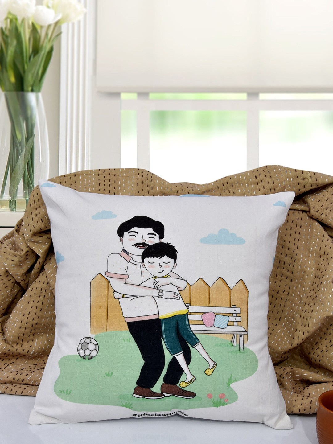 

EverHOME White & Green Graphic Printed Cotton Square Cushion Cover