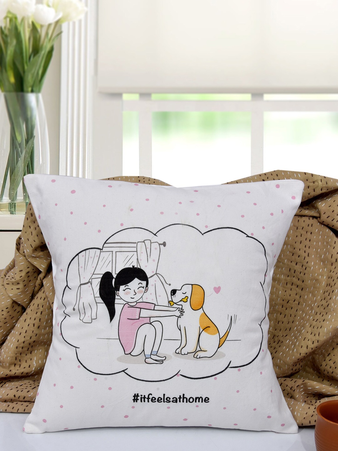 

EverHOME White & Pink Graphic Printed Cotton Square Cushion Cover