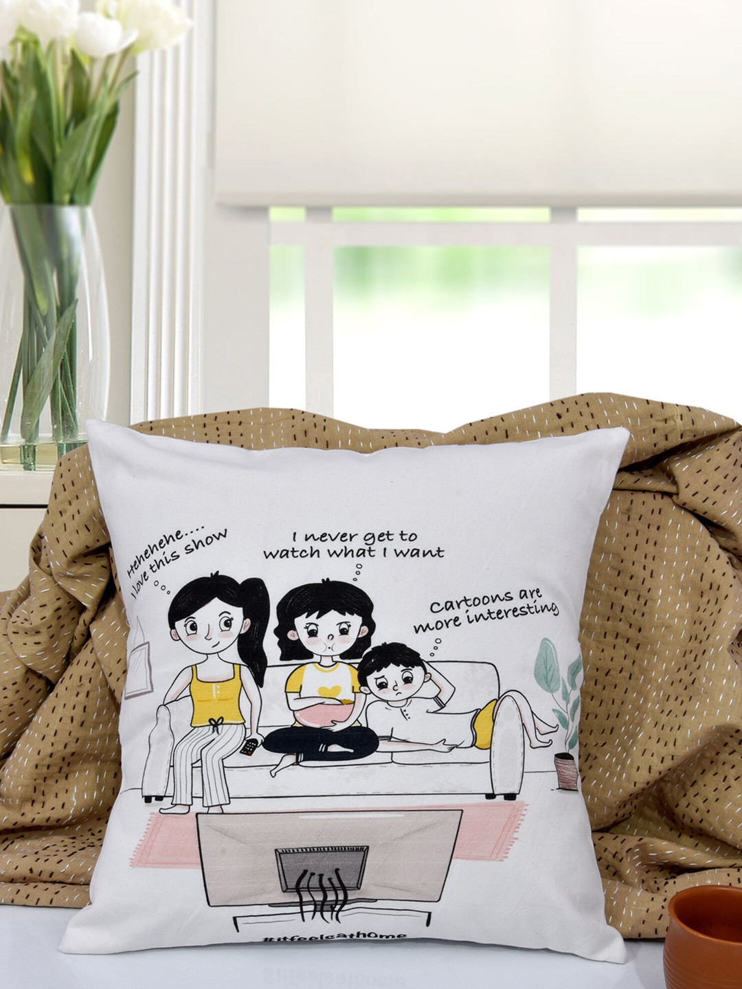 

EverHOME White & Pink Graphic Printed Cotton Square Cushion Cover