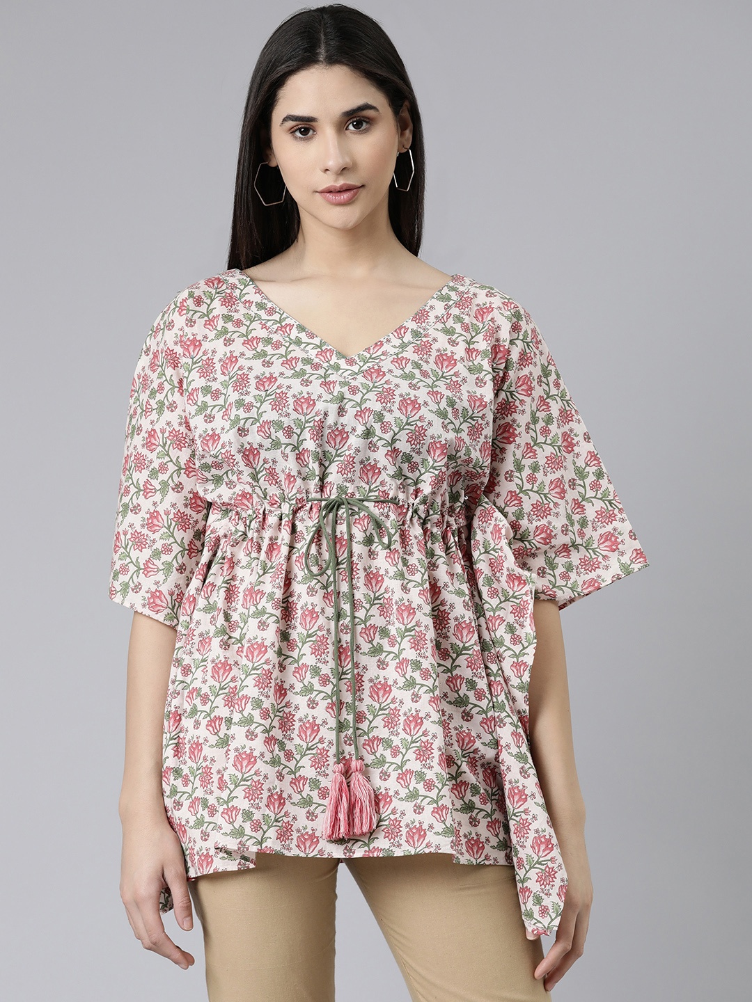 

KALINI Floral Print Flared Sleeves Kaftan Longline Top With Tie-Ups, Pink