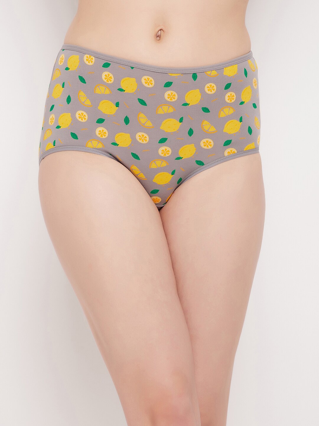 

Clovia Women Cotton High Waist Fruit Print Hipster Briefs, Grey