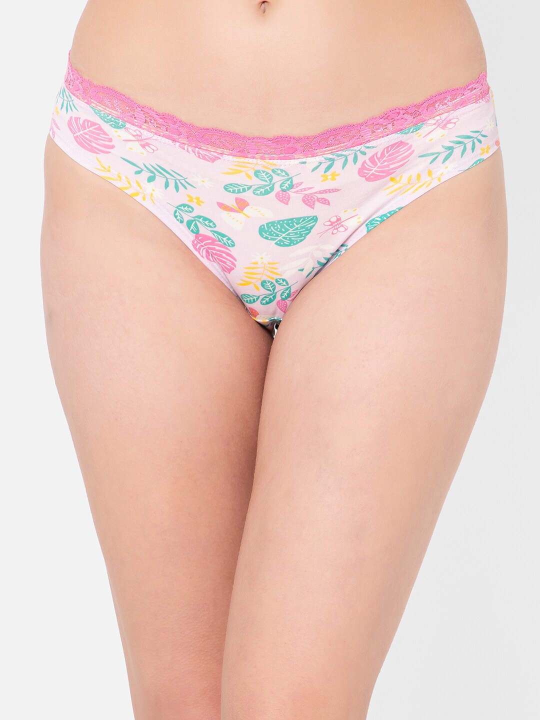 

Clovia Women Tropical Printed Low-Rise Lace Detail Cotton Bikini Briefs, Pink