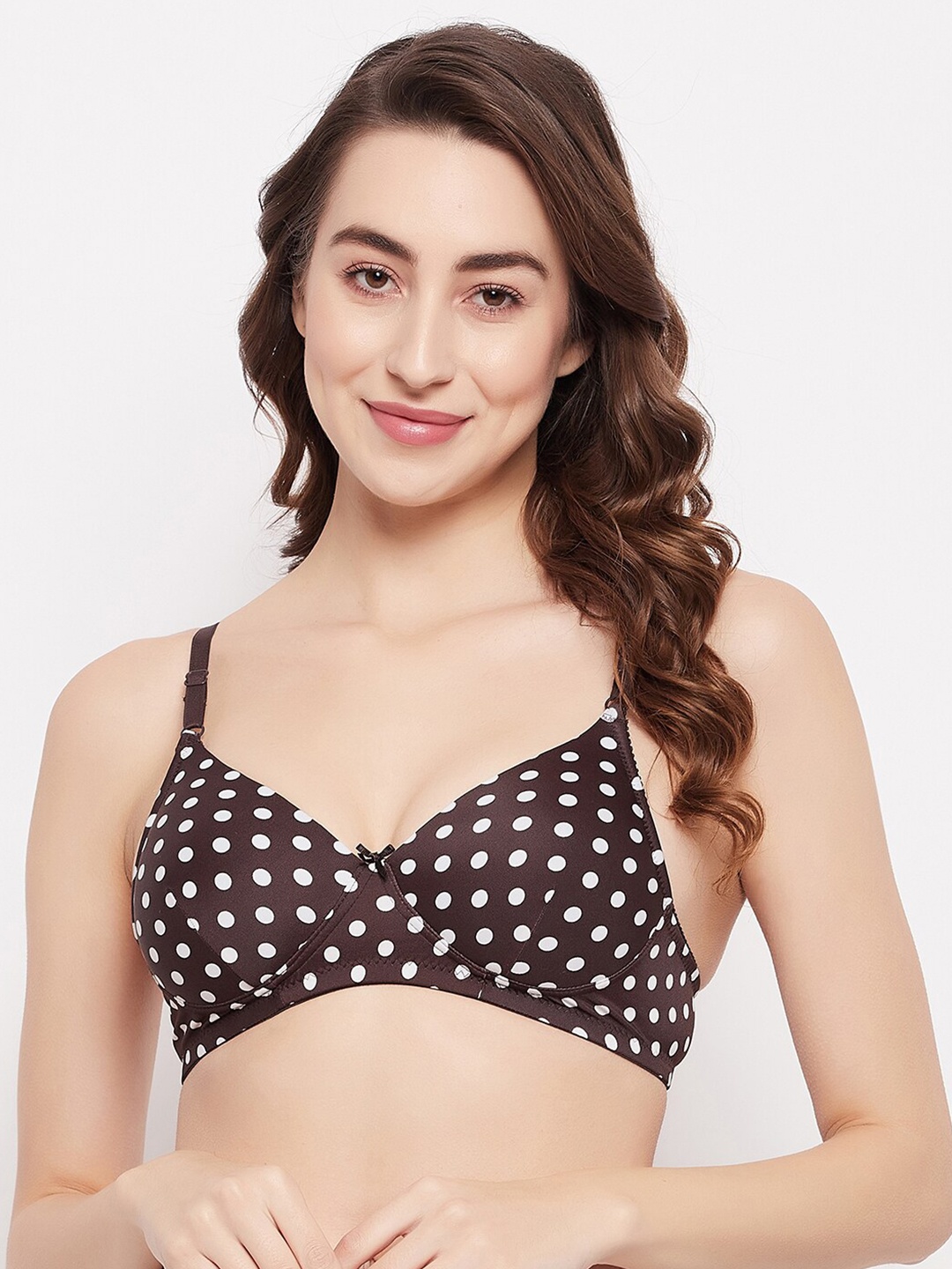 

Clovia Level 1 Push-Up Non-Wired Demi Cup Polka Dot Print T-shirt Bra, Brown