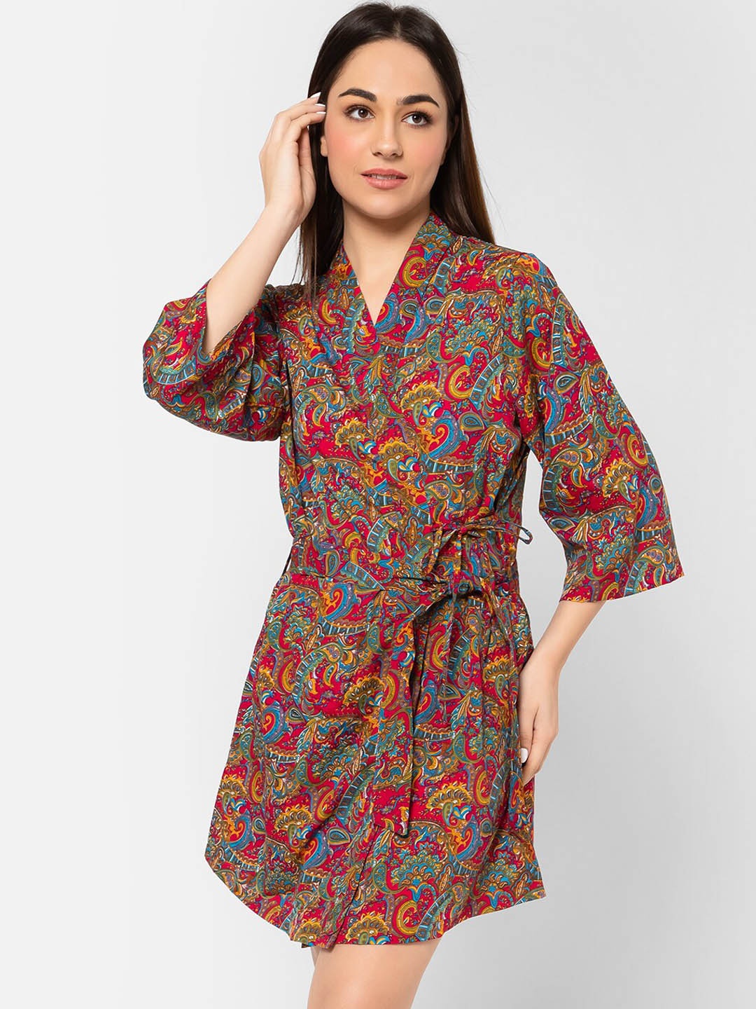 

Clovia Paisley Print Robe in Multicolour, Pink