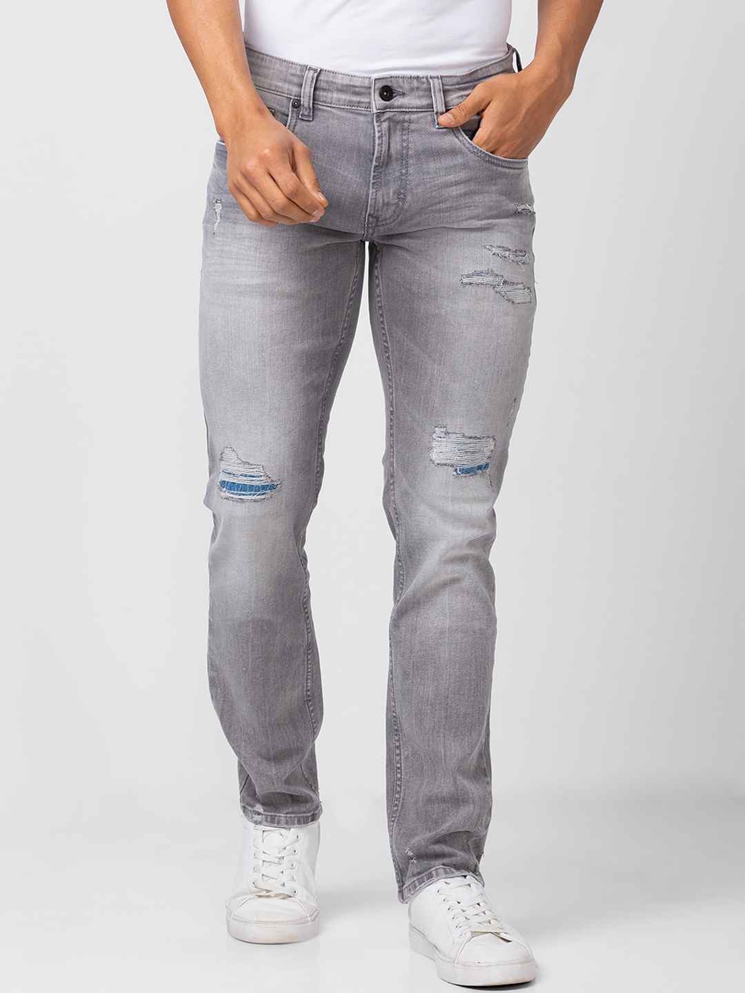

SPYKAR Men Mid Rise Cotton Highly Distressed Heavy Fade Jeans, Grey