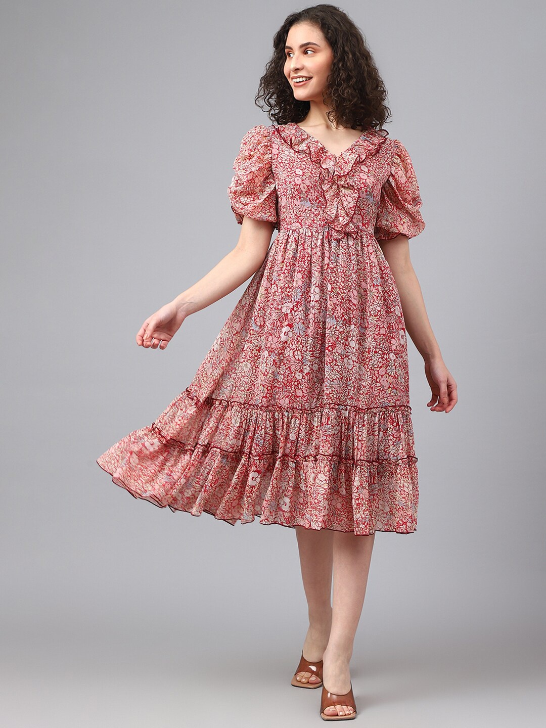 

DEEBACO Floral Printed Chiffon Midi Fit & Flare Dress, Red