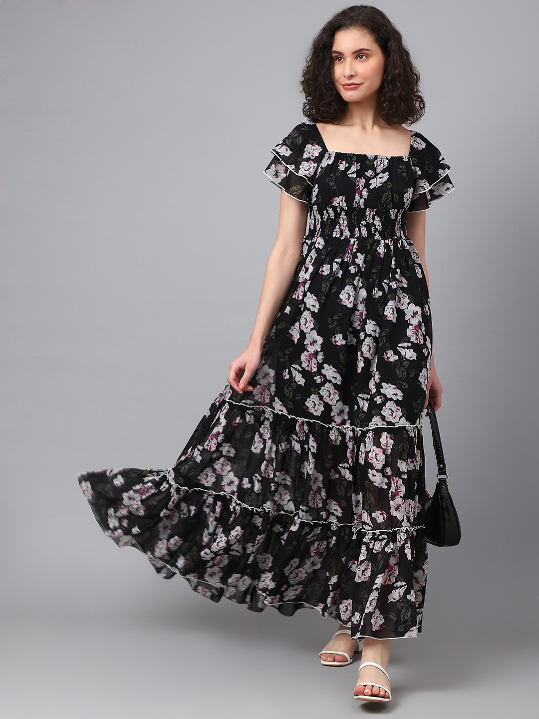 

DEEBACO Floral Printed Maxi Fit & Flare Dress, Black