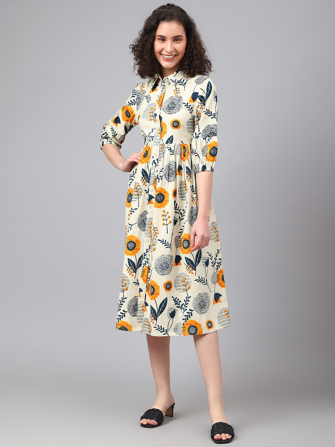 

DEEBACO Floral Printed Shirt Collar Midi Fit & Flare Cotton Dress, Off white