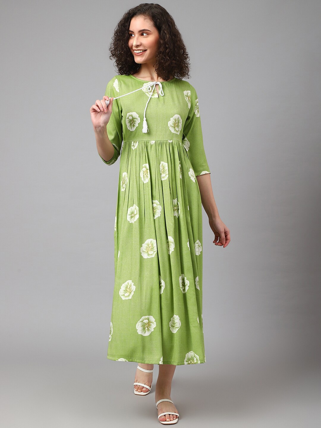 

DEEBACO Printed Floral Tie-Up Neck Maxi Maxi Dress, Green