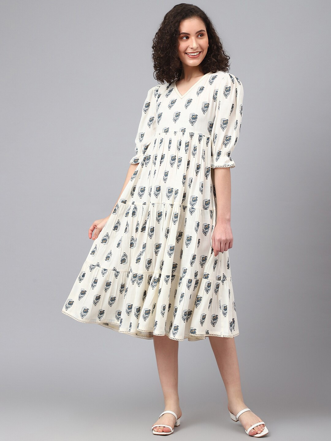 

DEEBACO Printed Floral A-Line Midi Dress, Off white