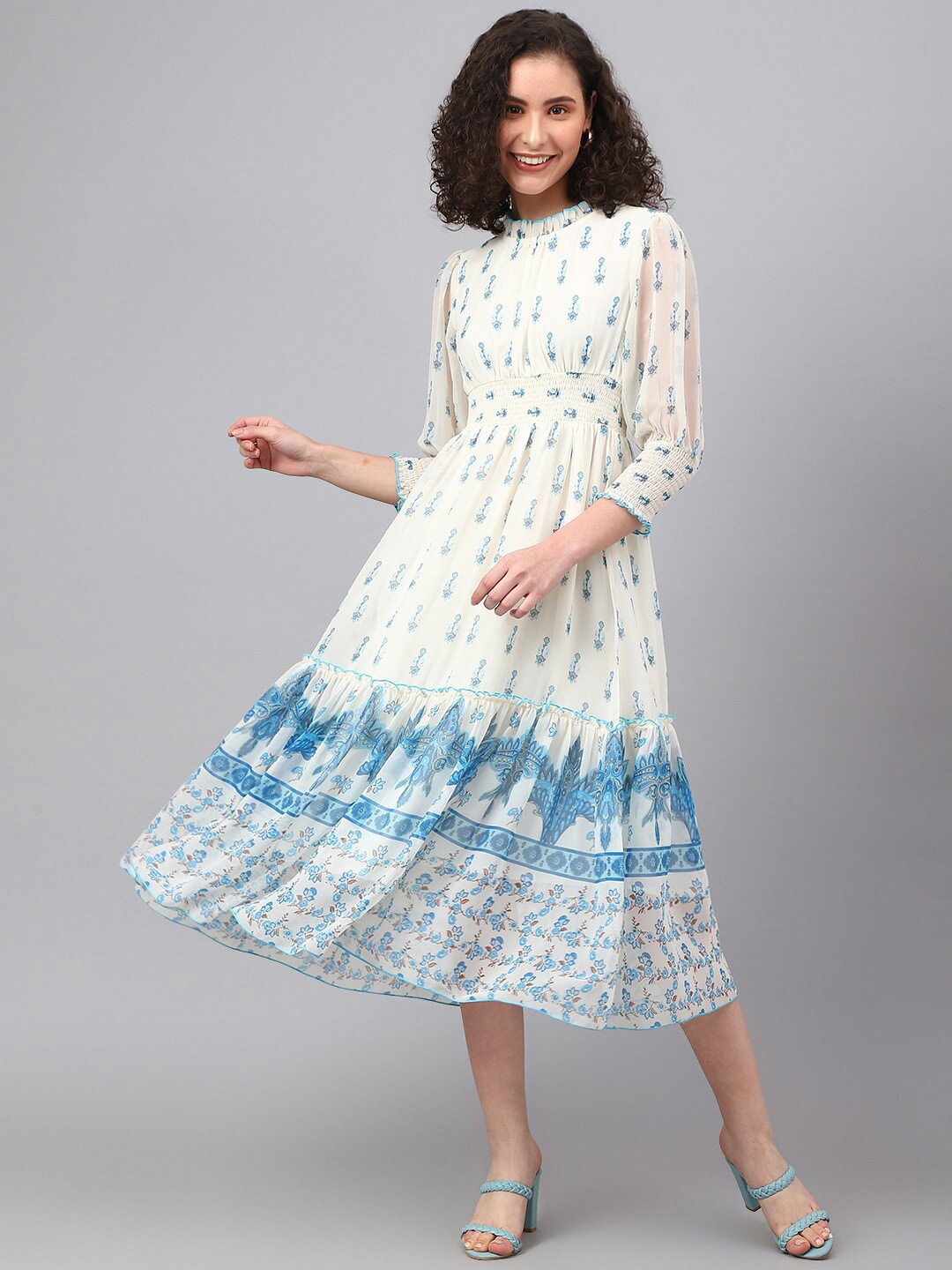

DEEBACO Ethnic Motifs Printed Midi Fit & Flare Dress, Off white