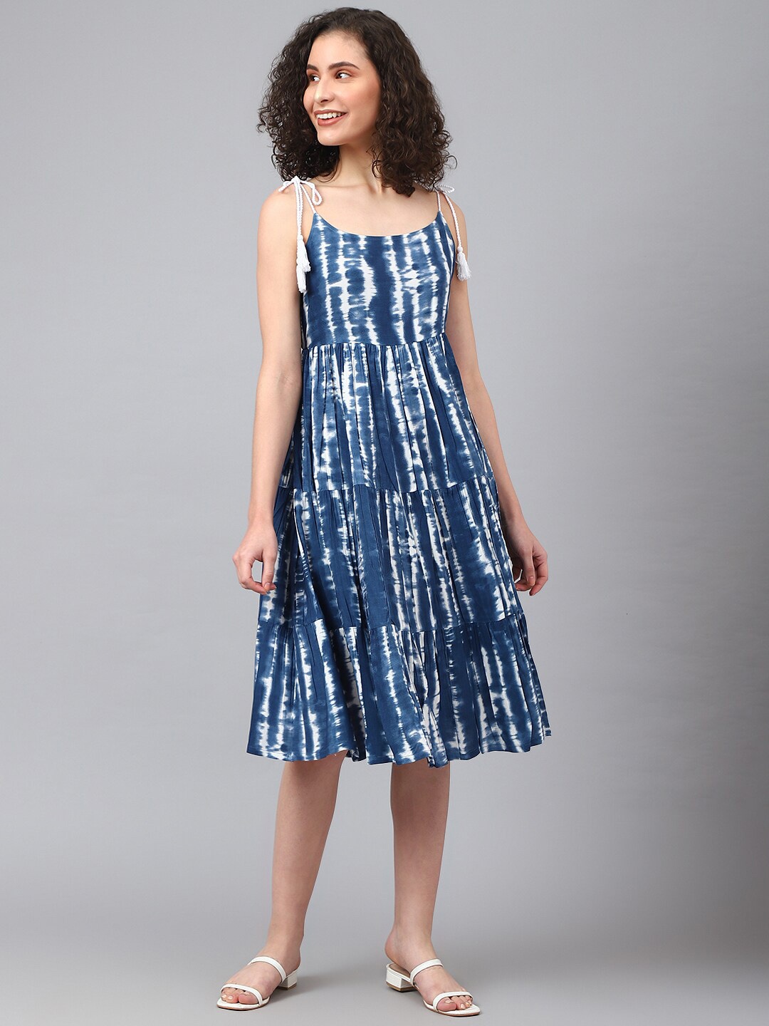 

DEEBACO Tie and Dye Shoulder Straps Tier Empire Dress, Blue