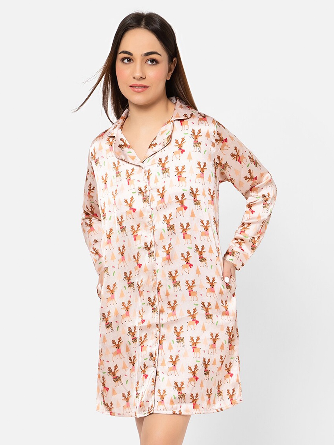 

Clovia Printed Button Down Nightdress, Beige