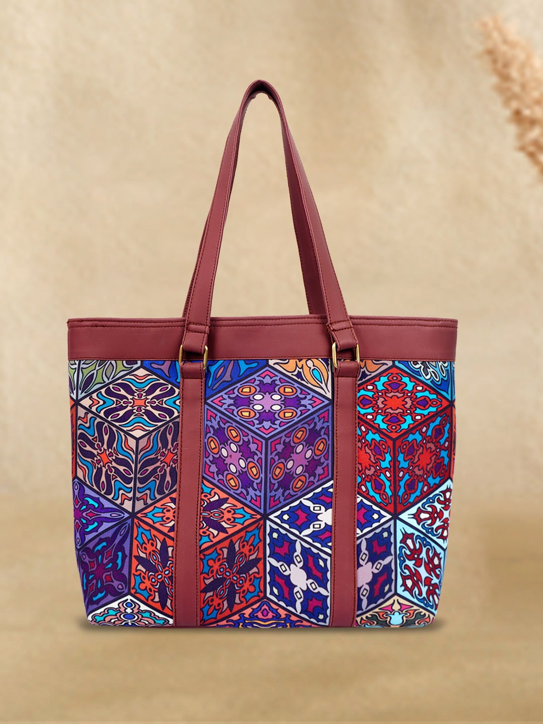 

Crazy Corner Ethnic Motifs Printed PU Oversized Structured Tote Bag, Blue
