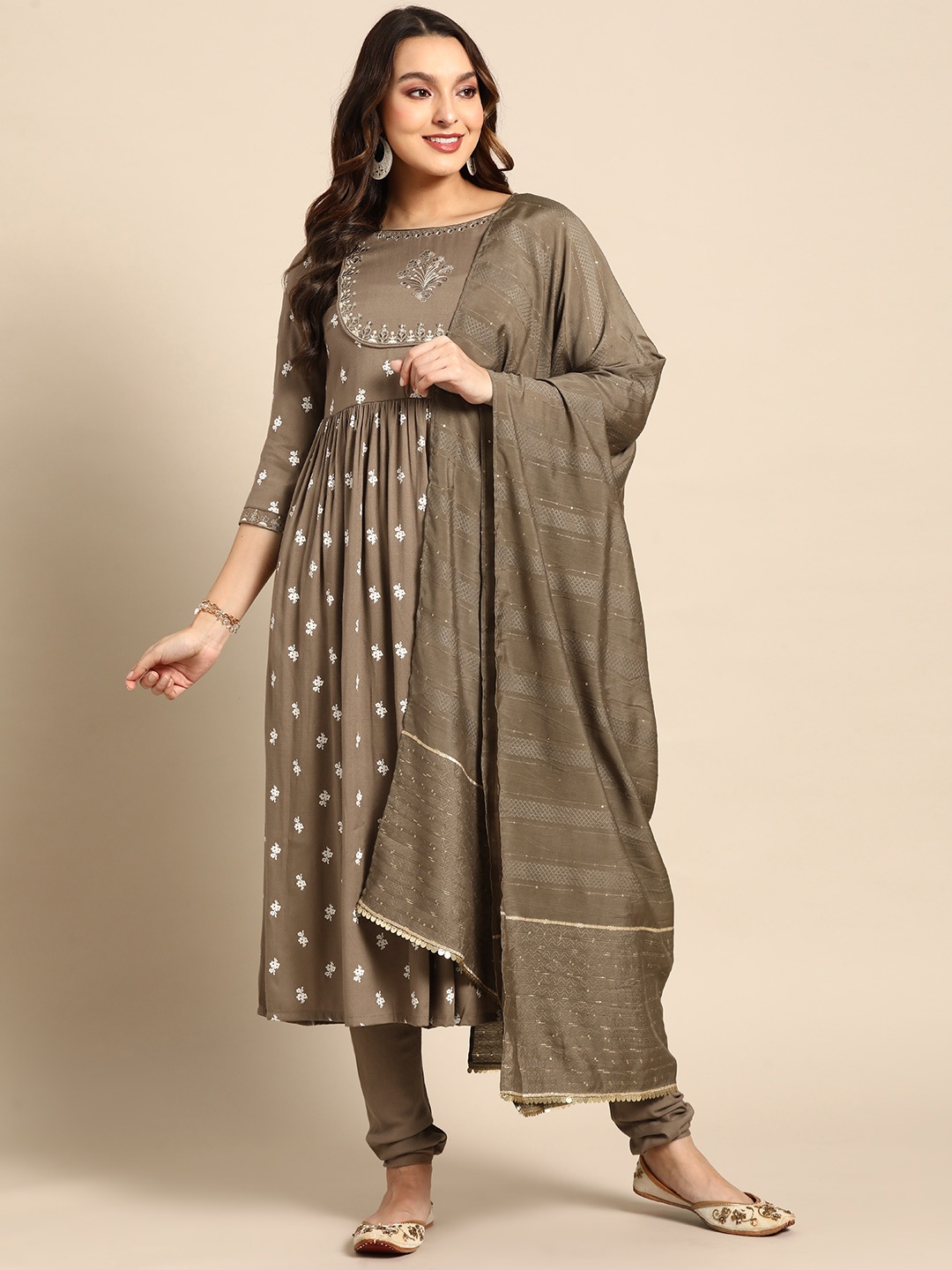 

Anouk Women Ethnic Motifs Embroidered Pleated Anarkali Kurta With Churidar & With Dupatta, Brown
