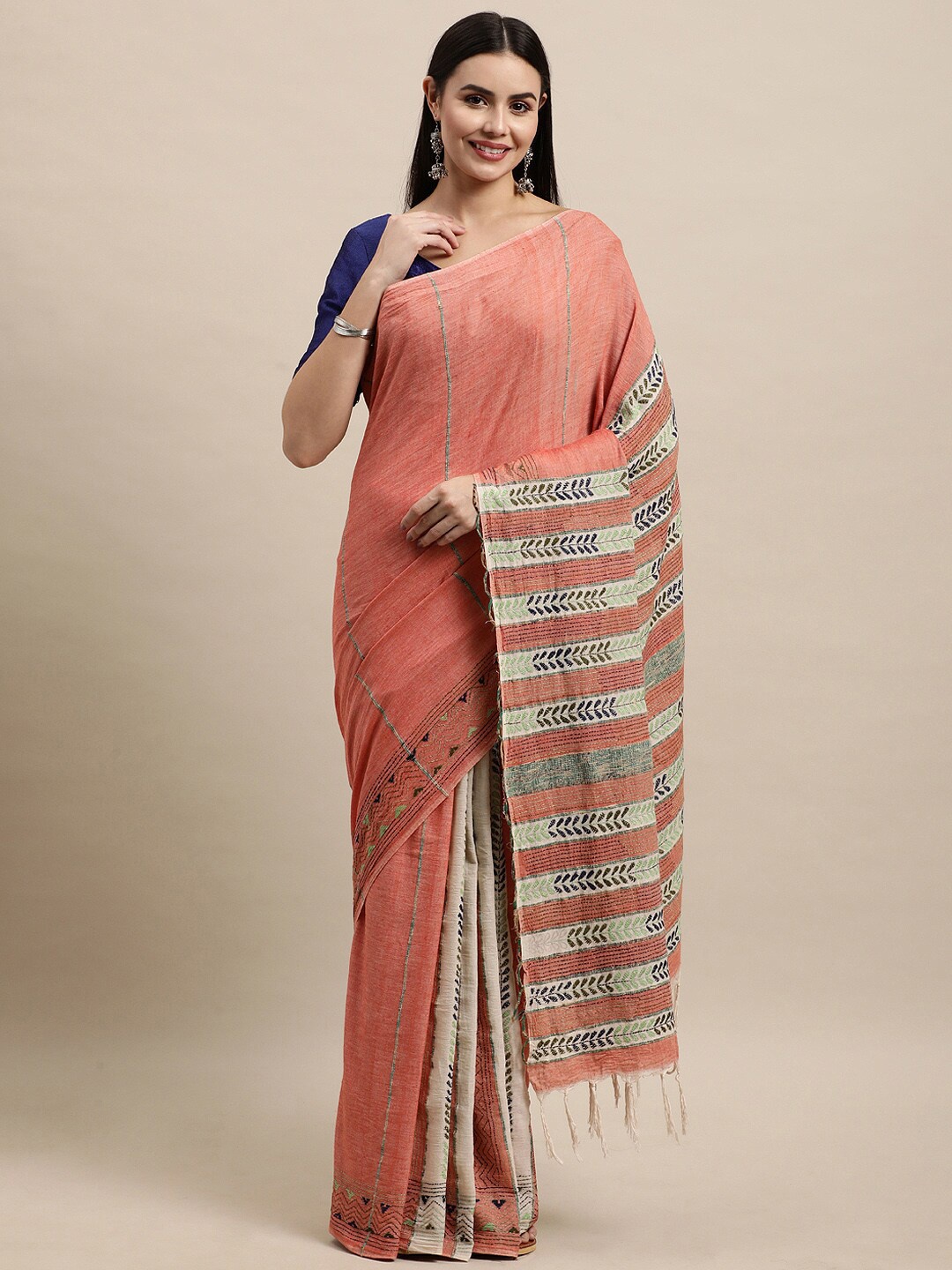 

ArtEastri Ethnic Motifs Pure Cotton Khesh Kantha Saree With Blouse Piece, Peach