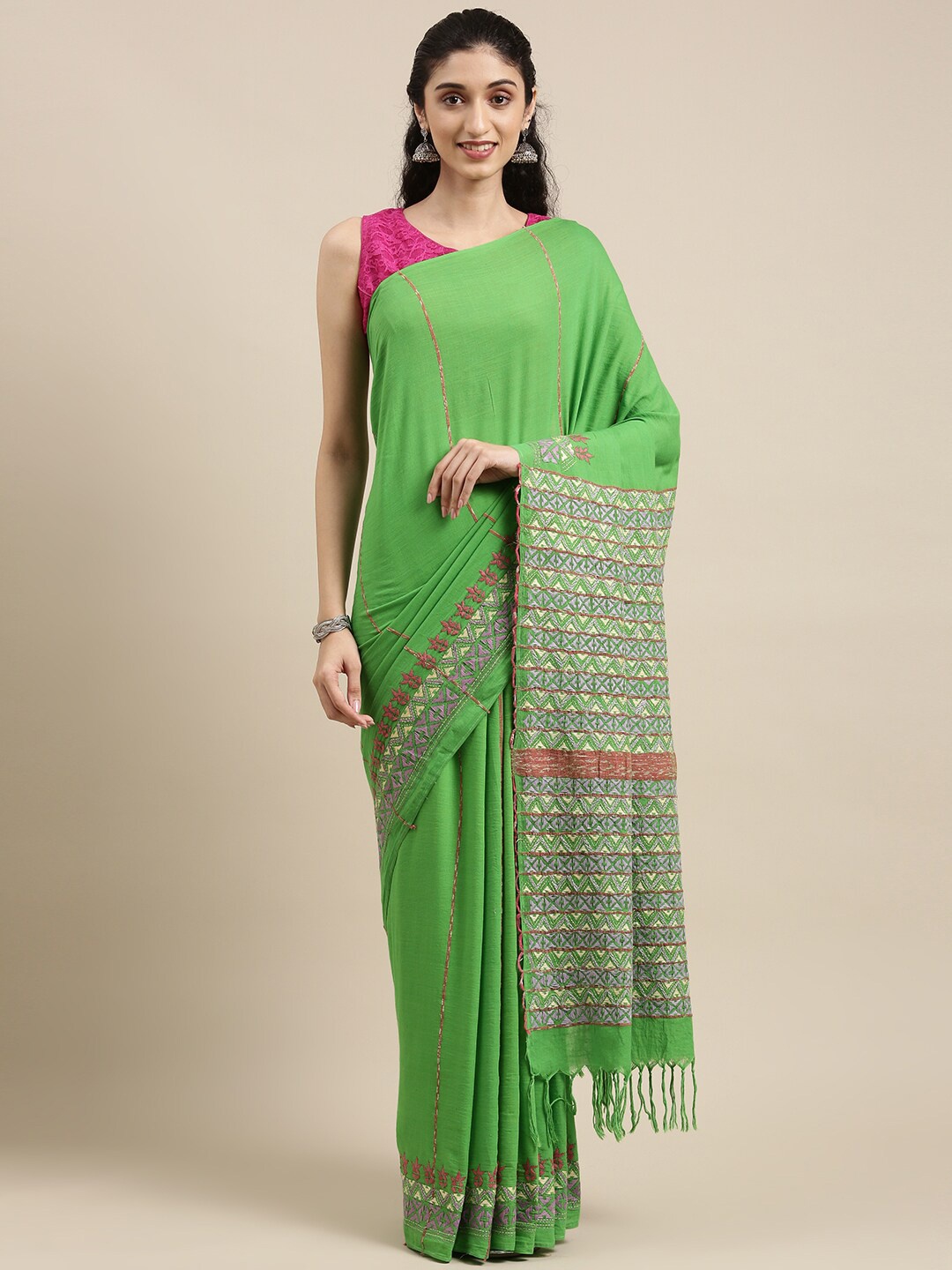 

ArtEastri Embroidered Khesh Kantha Embroiderd Pure Cotton Saree With Blouse Piece, Green