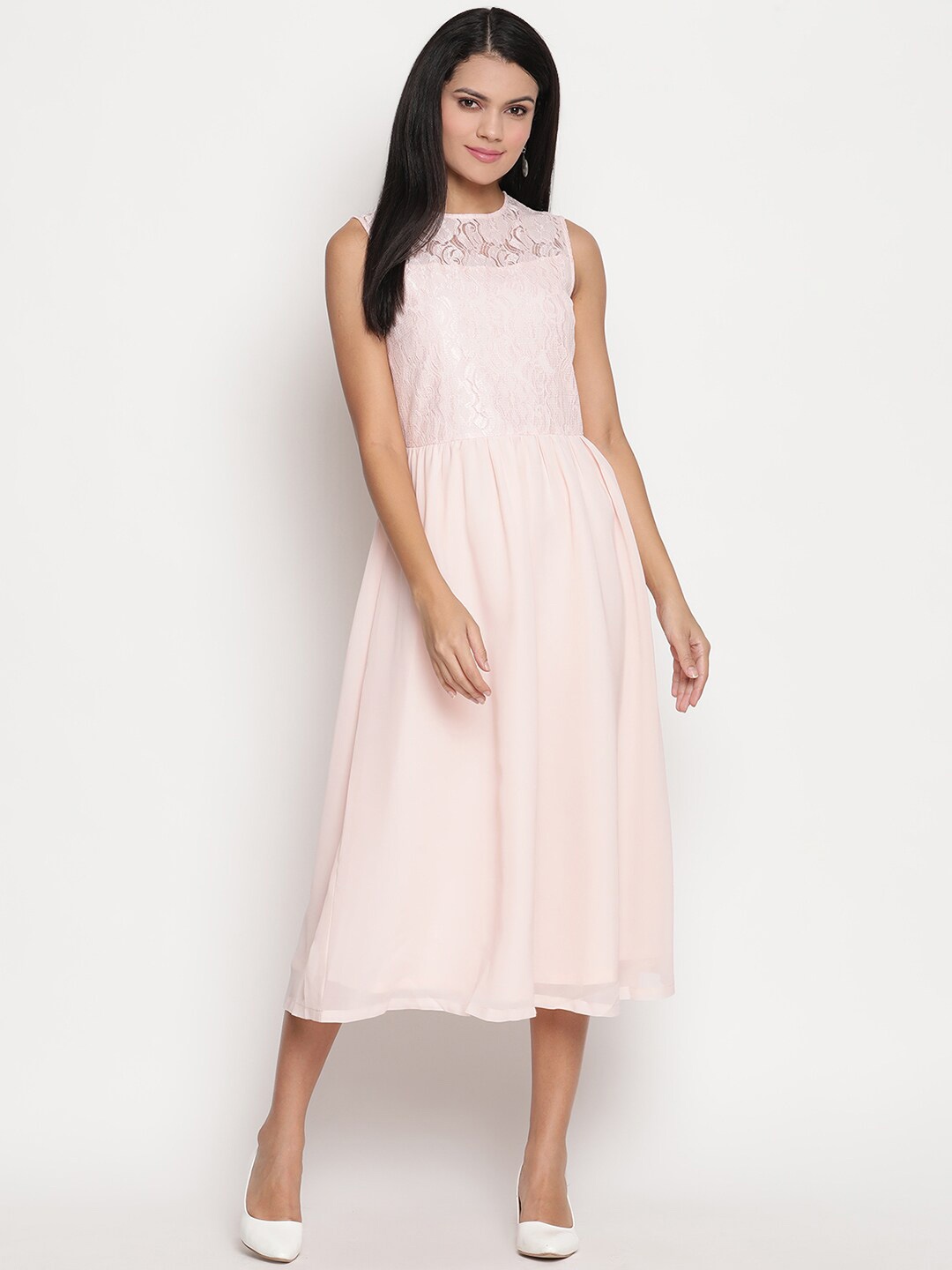 

HOUSE OF KKARMA Self Design Sleeveless Midi Fit and Flare Dress, Pink