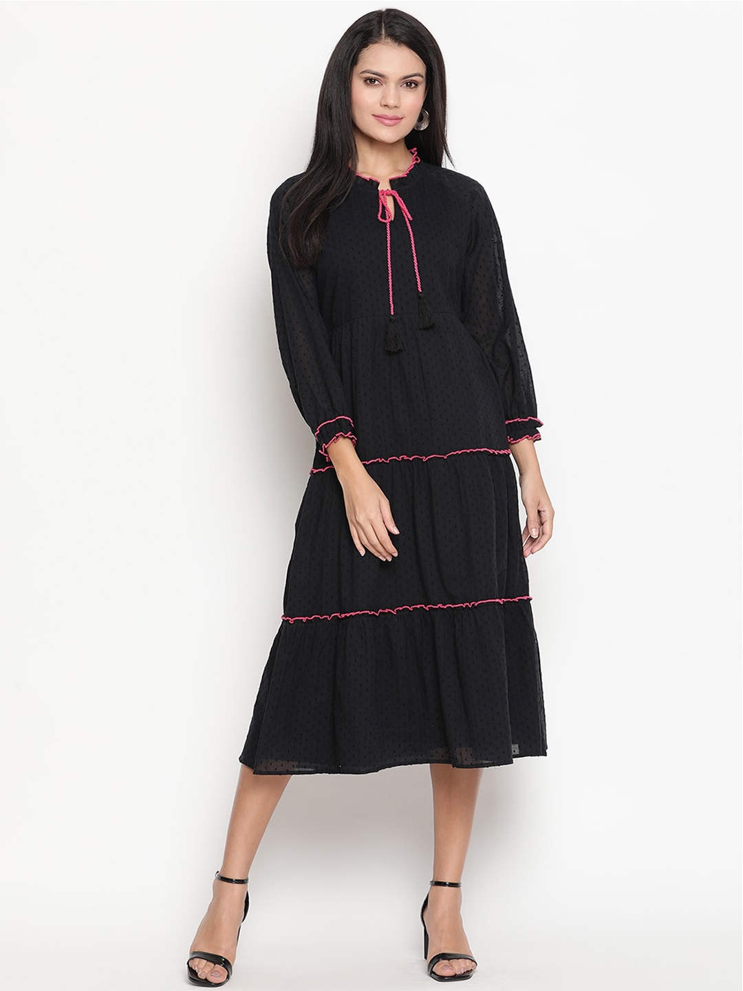 

HOUSE OF KKARMA Self Design Cotton Tie-Up Neck A-Line Midi Dress, Black