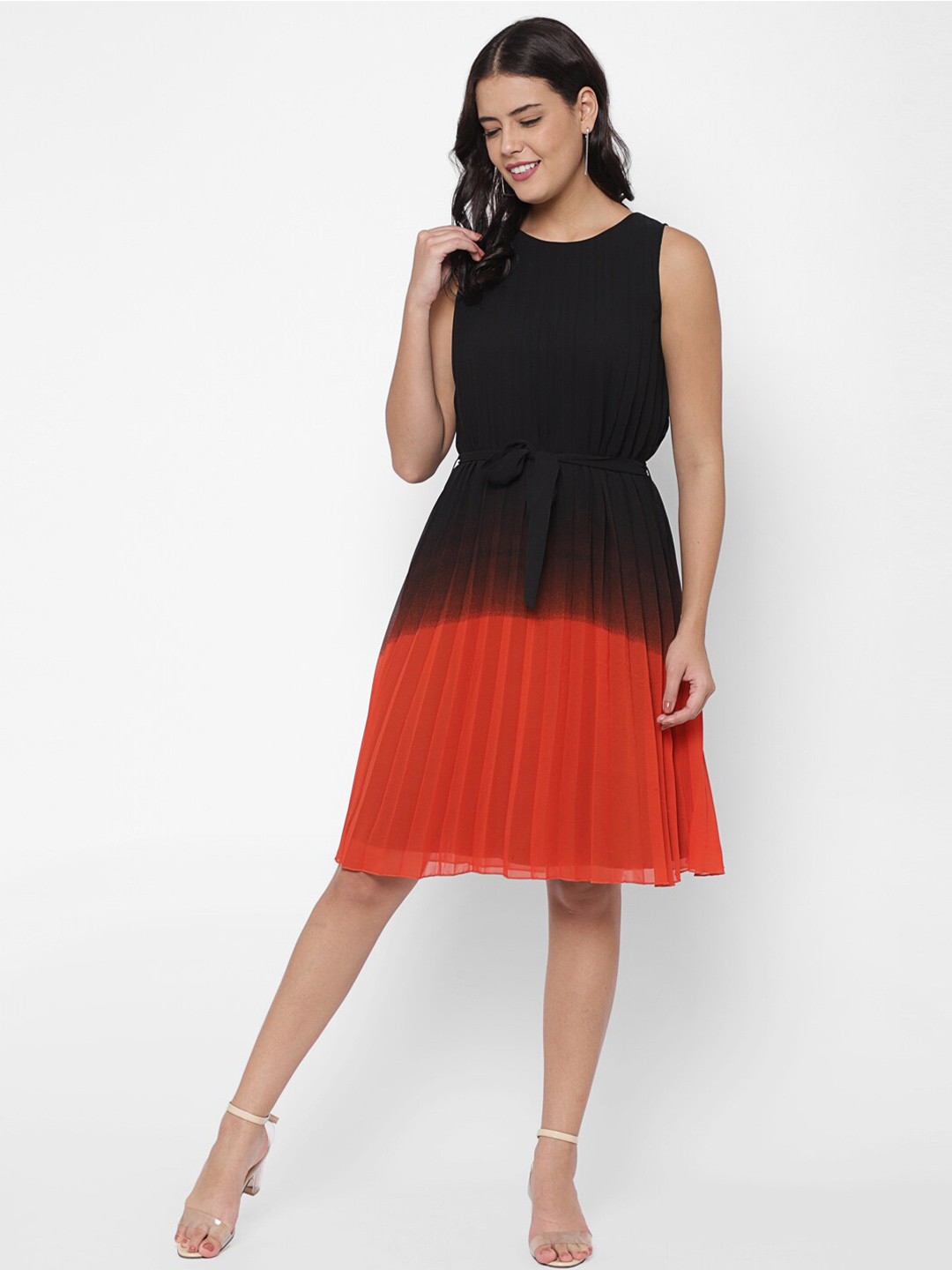 

HOUSE OF KKARMA Dyed Georgette Round Neck Fit and Flare Dress, Black