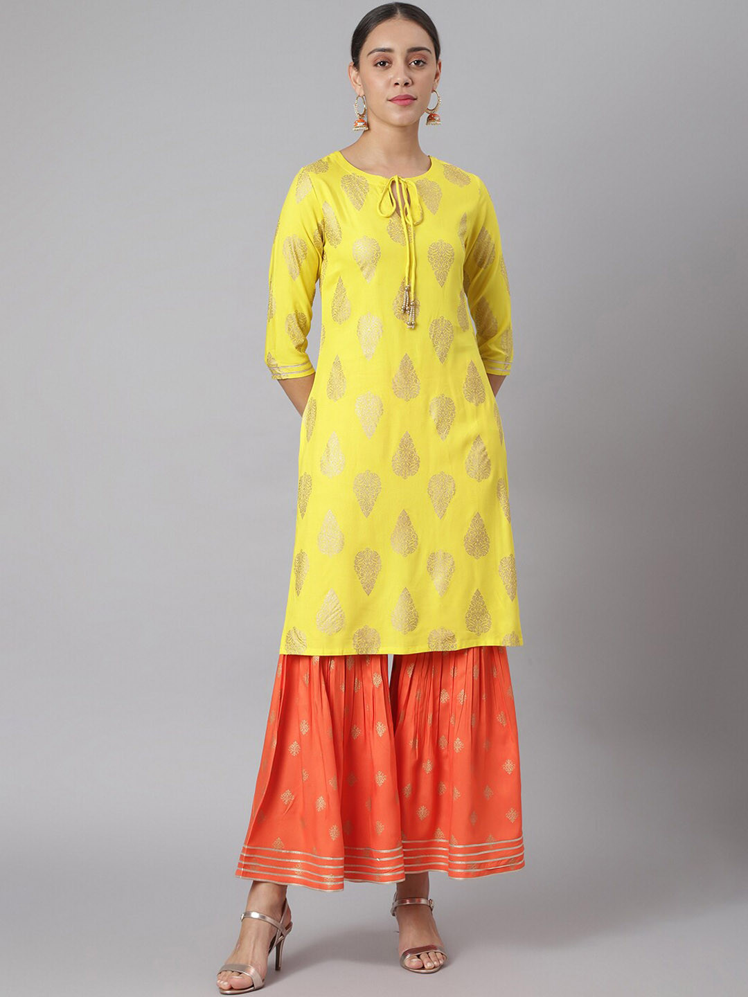 

Khushal K Women Ethnic Motifs Printed Gotta Patti Kurta with Sharara, Yellow