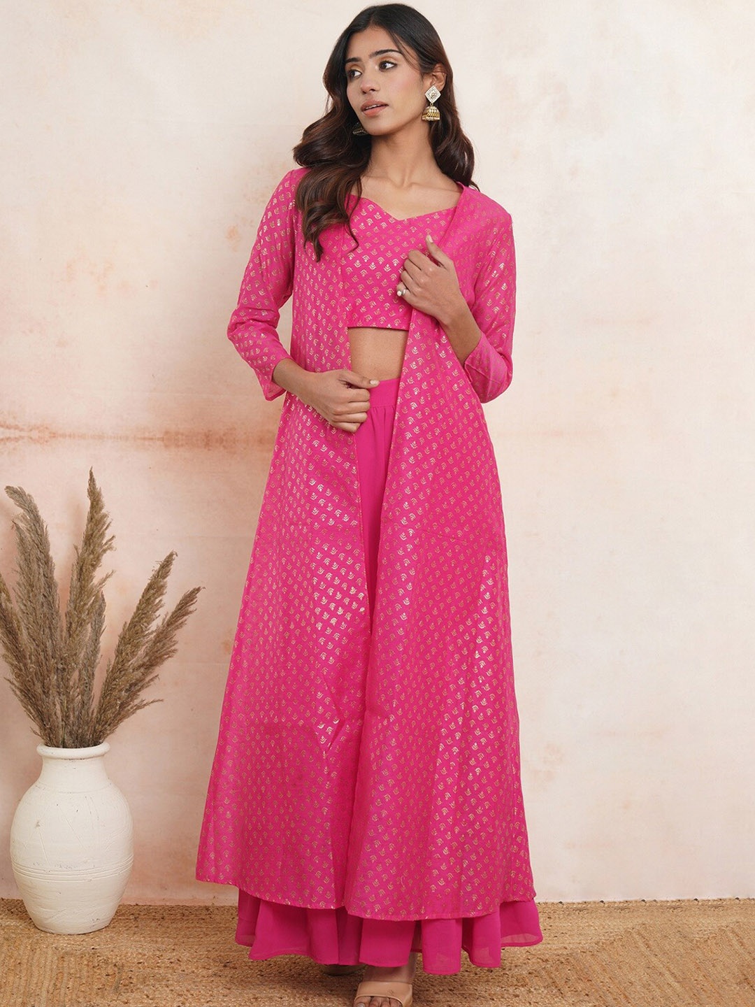 

Purple State Women Ethnic Motifs Printed Top with Sharara With Jacket, Pink