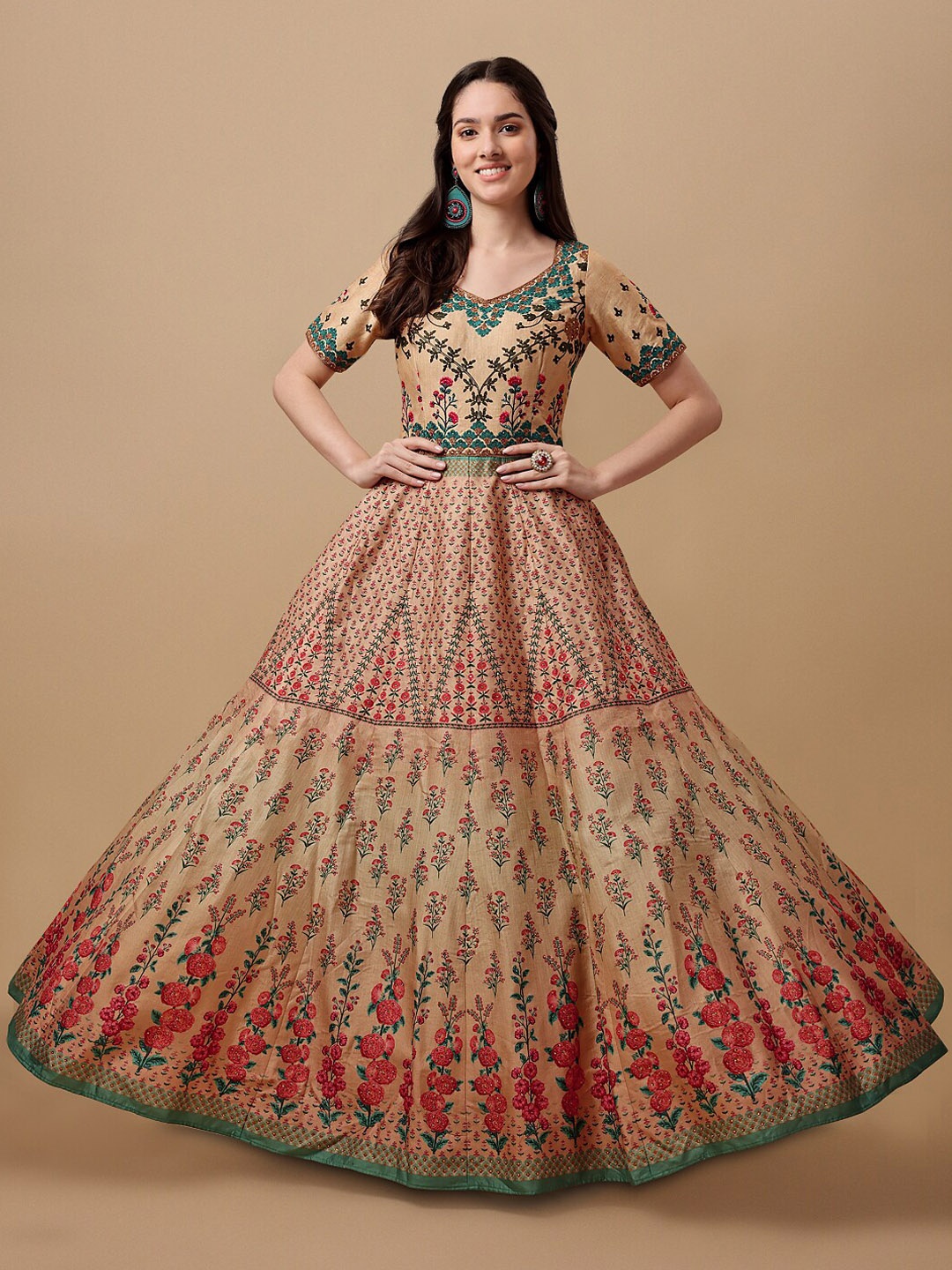 

SAPTRANGI Floral Embroidered Silk Maxi Gown With Dupatta, Cream