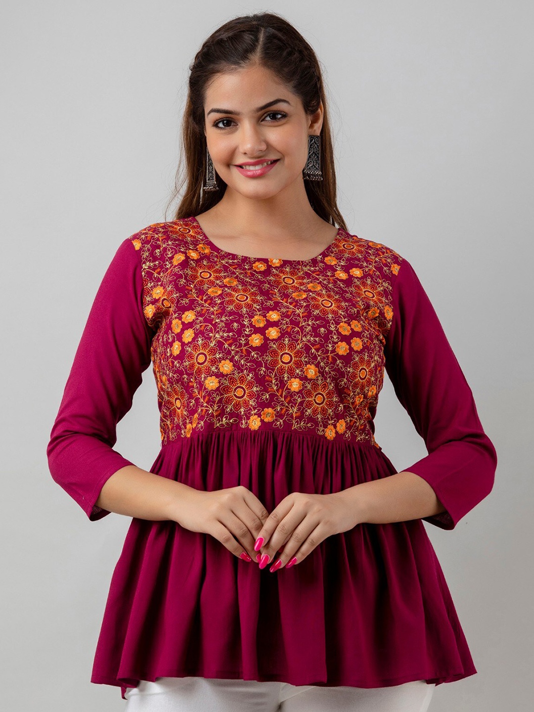 

Women Touch Floral Embroidered Round Neck Top, Maroon