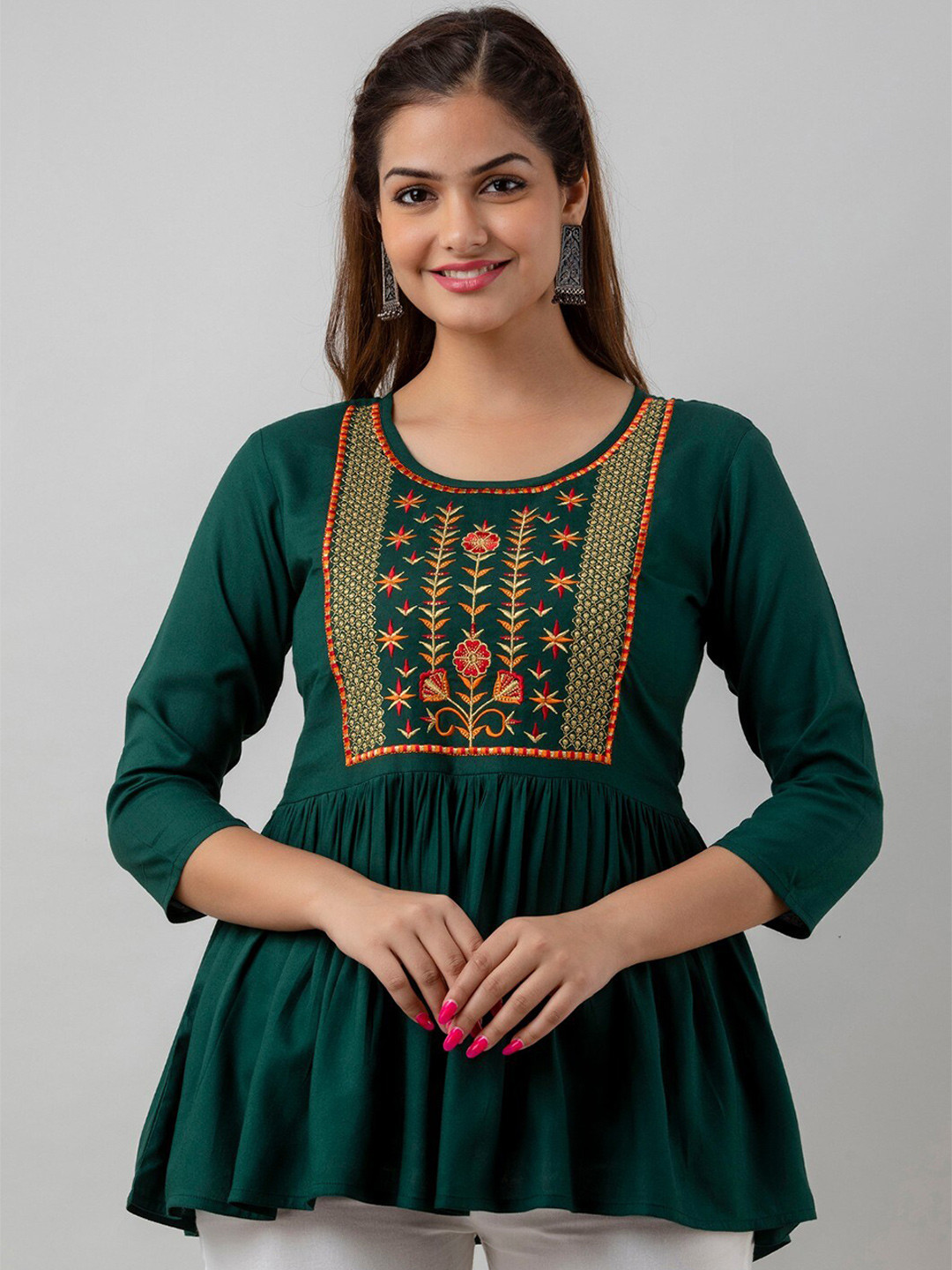 

Women Touch Embroidered Cinched Waist Top, Green
