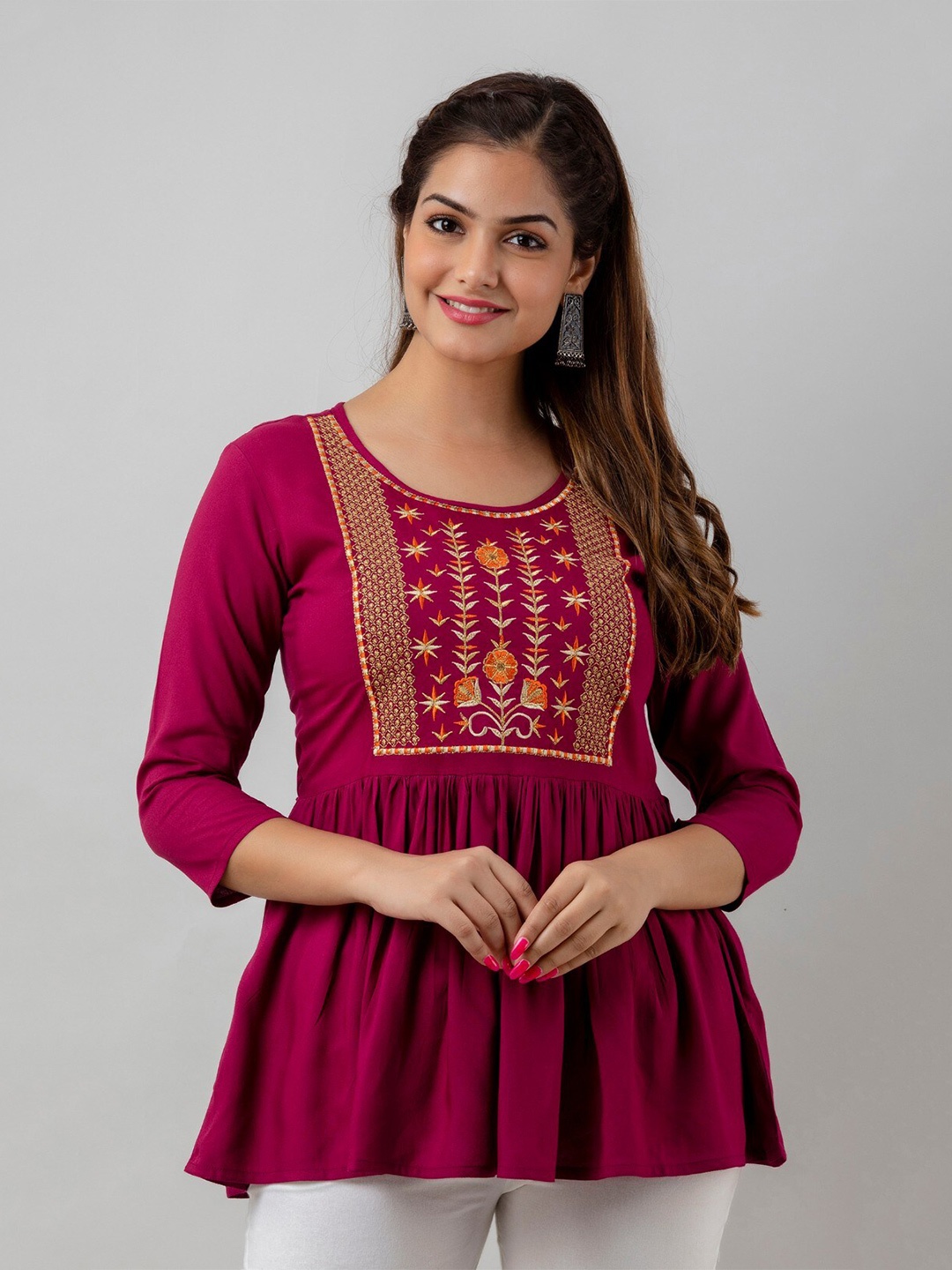 

Women Touch Floral Embroidered Round Neck Top, Maroon