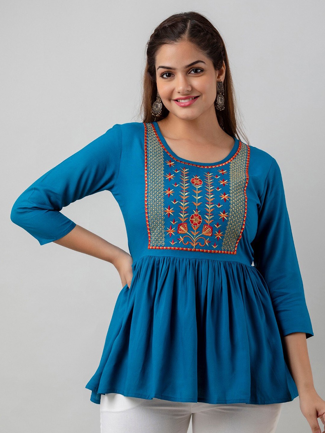 

Women Touch Embroidered Empire Top, Blue