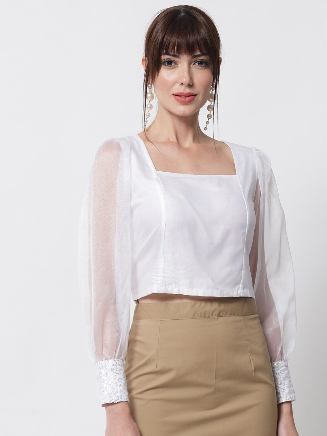 

studio rasa Cuffed Sleeve Crop Top, White