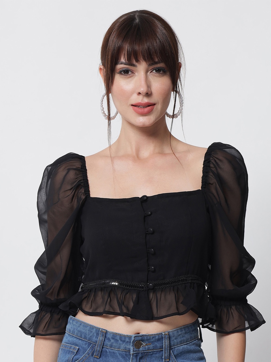 

studio rasa Ruffles Georgette Crop Top, Black