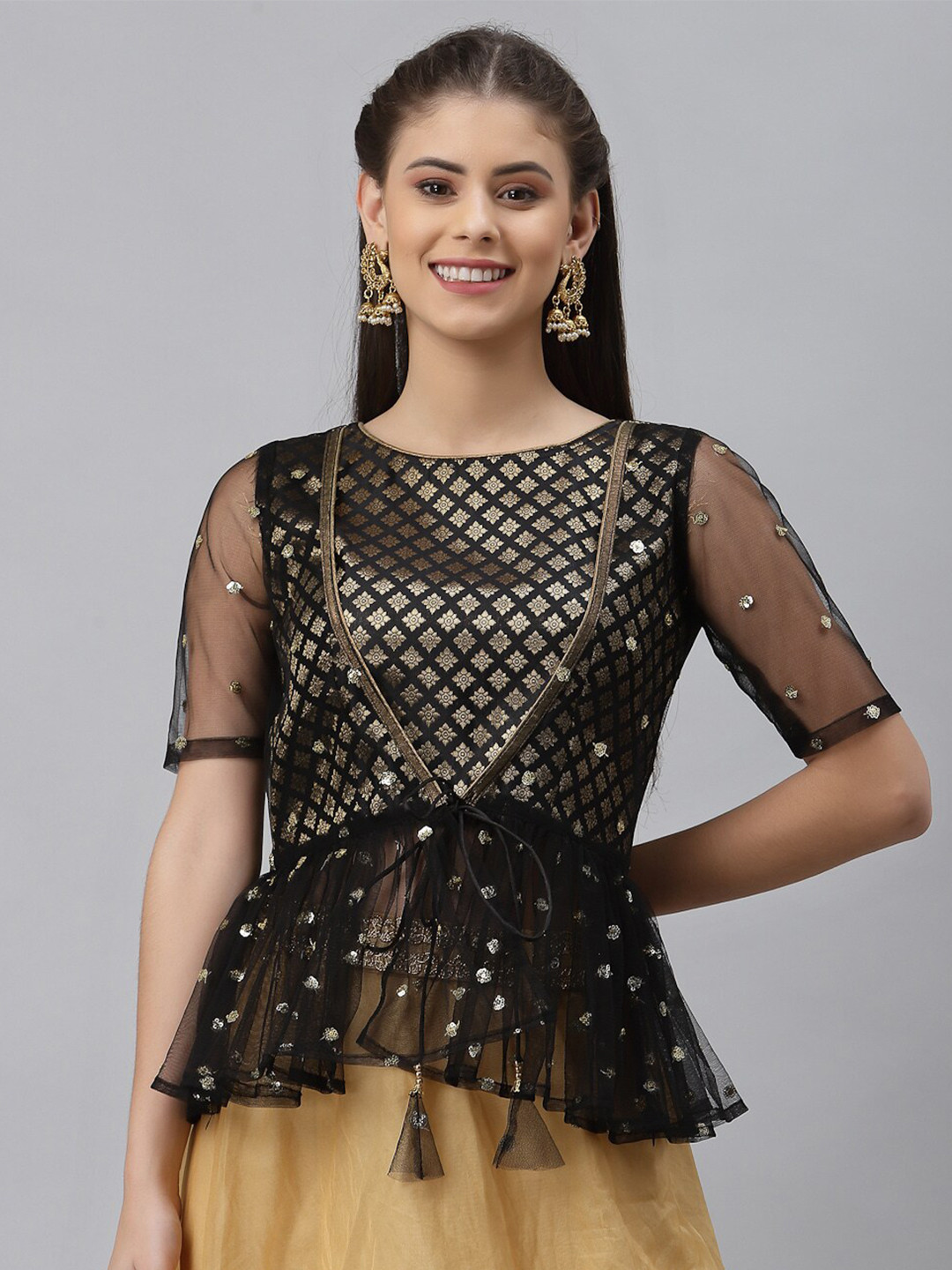 

studio rasa Embroidered Sheer Net Peplum Top, Black