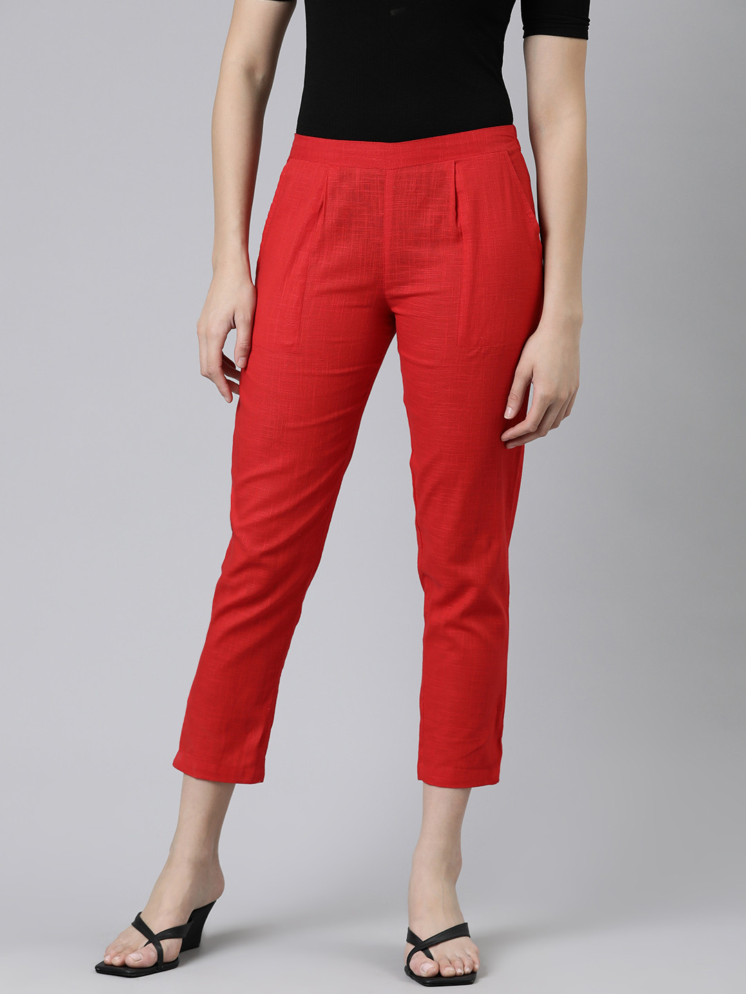 

KALINI Solid Pleated Cotton Trousers, Red