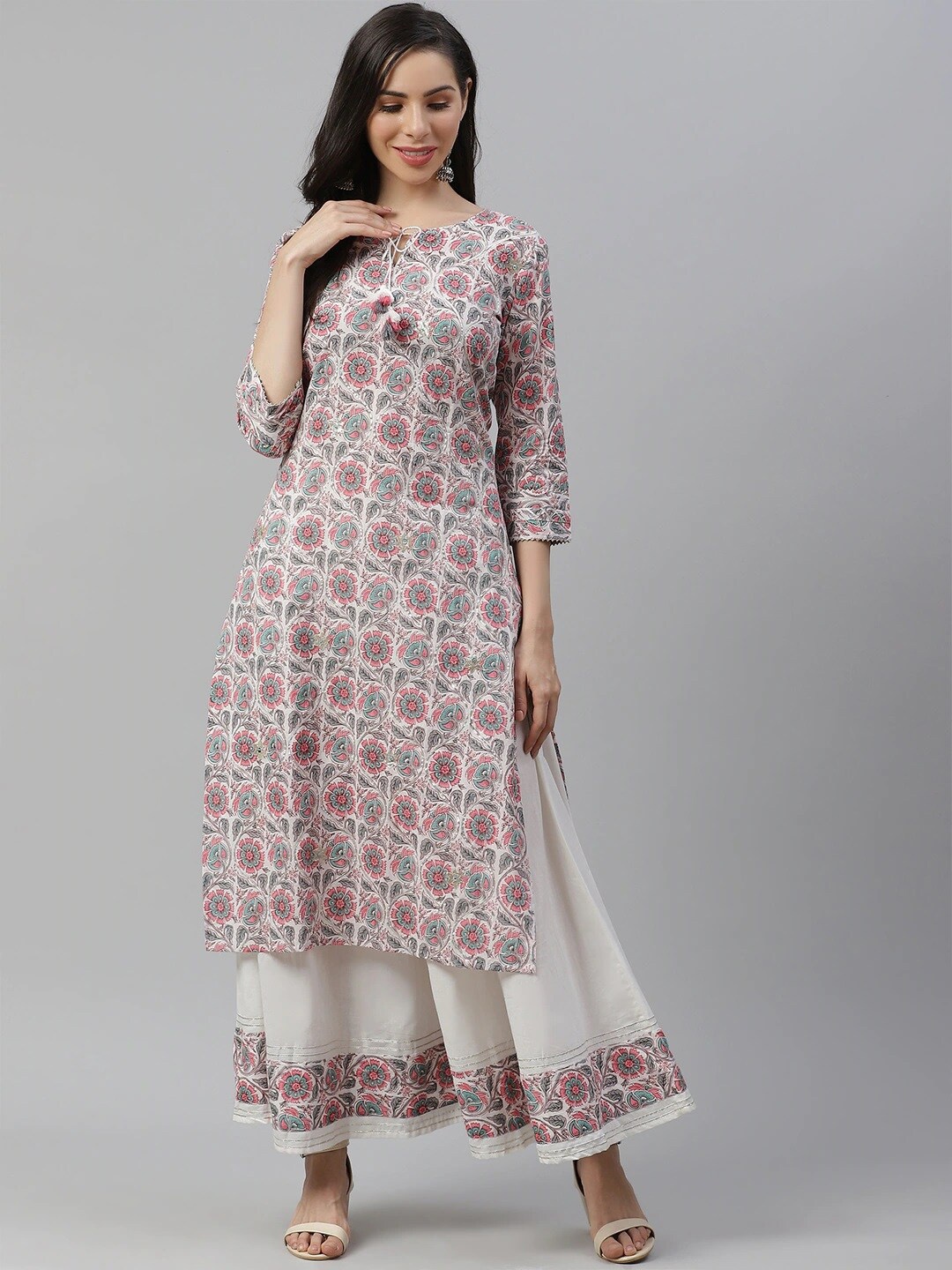 

Divena Women Plus Size Floral Printed Gotta Patti Pure Cotton Kurta with Palazzos, Off white