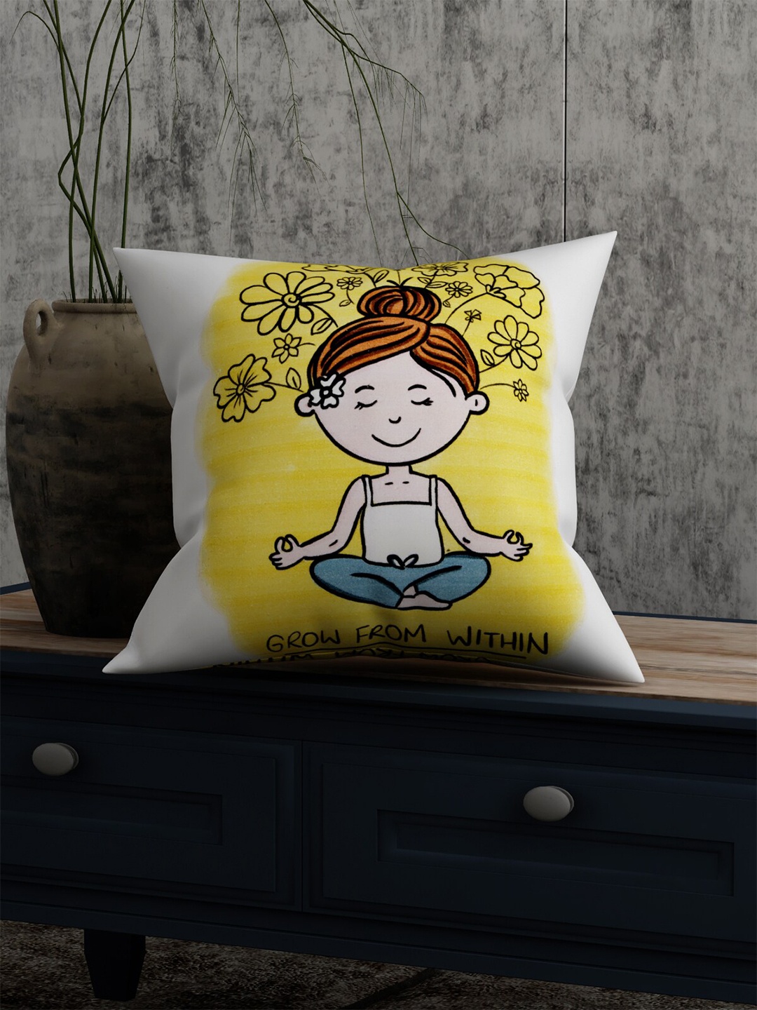 

EverHOME Yellow & White Graphic Printed Cotton Square Cushion Cover