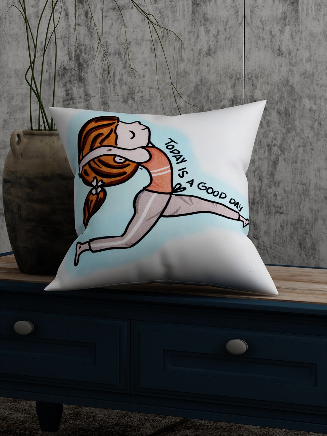 

EverHOME White & Blue Graphic Printed Cotton Square Cushion Cover