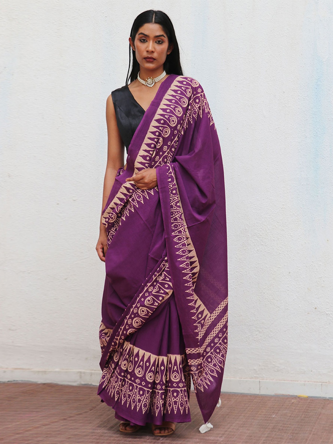 

Chidiyaa Ethnic Motifs Pure Cotton Block Print Saree, Purple