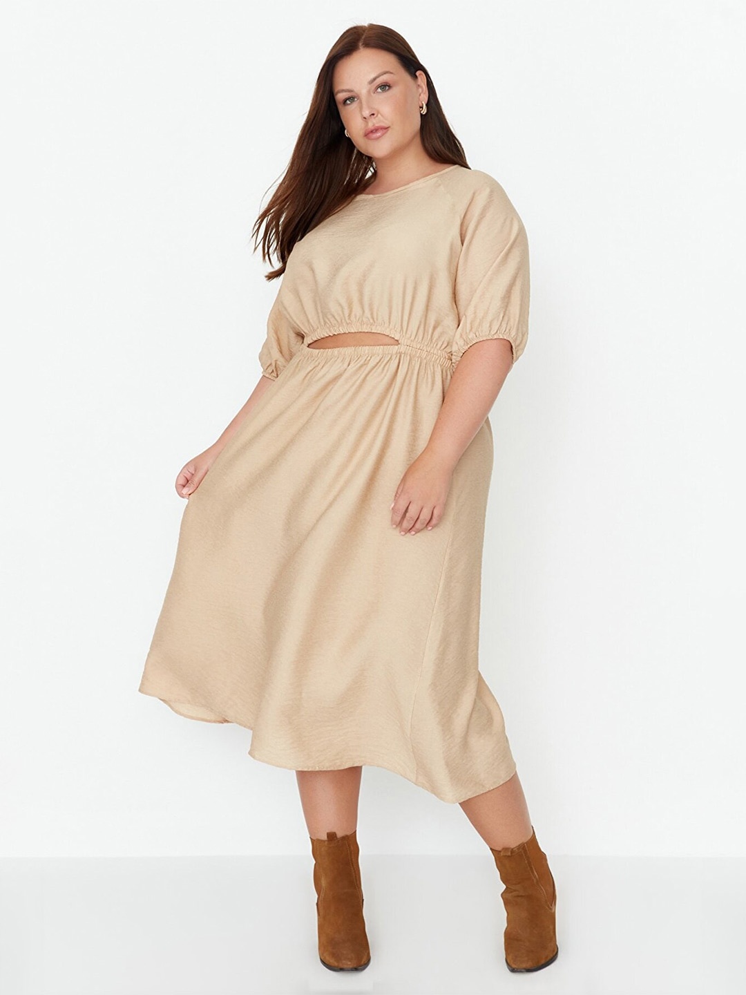 

Trendyol Puff Sleeve Cut-Outs Midi Dress, Camel brown