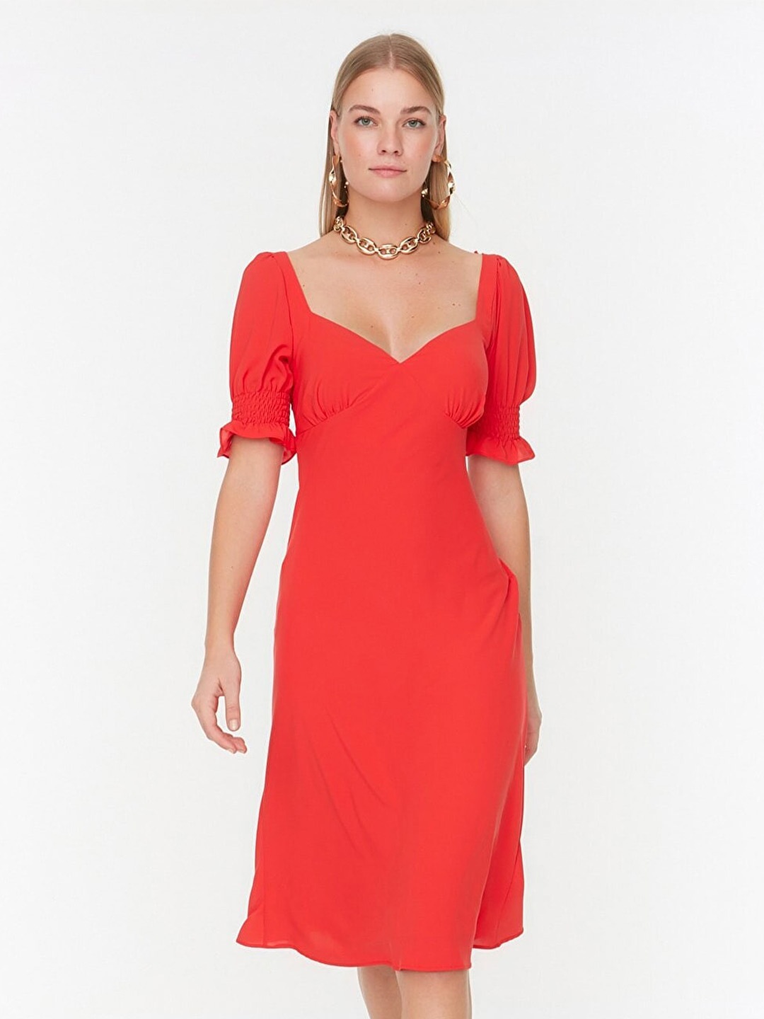 

Trendyol Puffed Sleeve A-Line Dress, Red