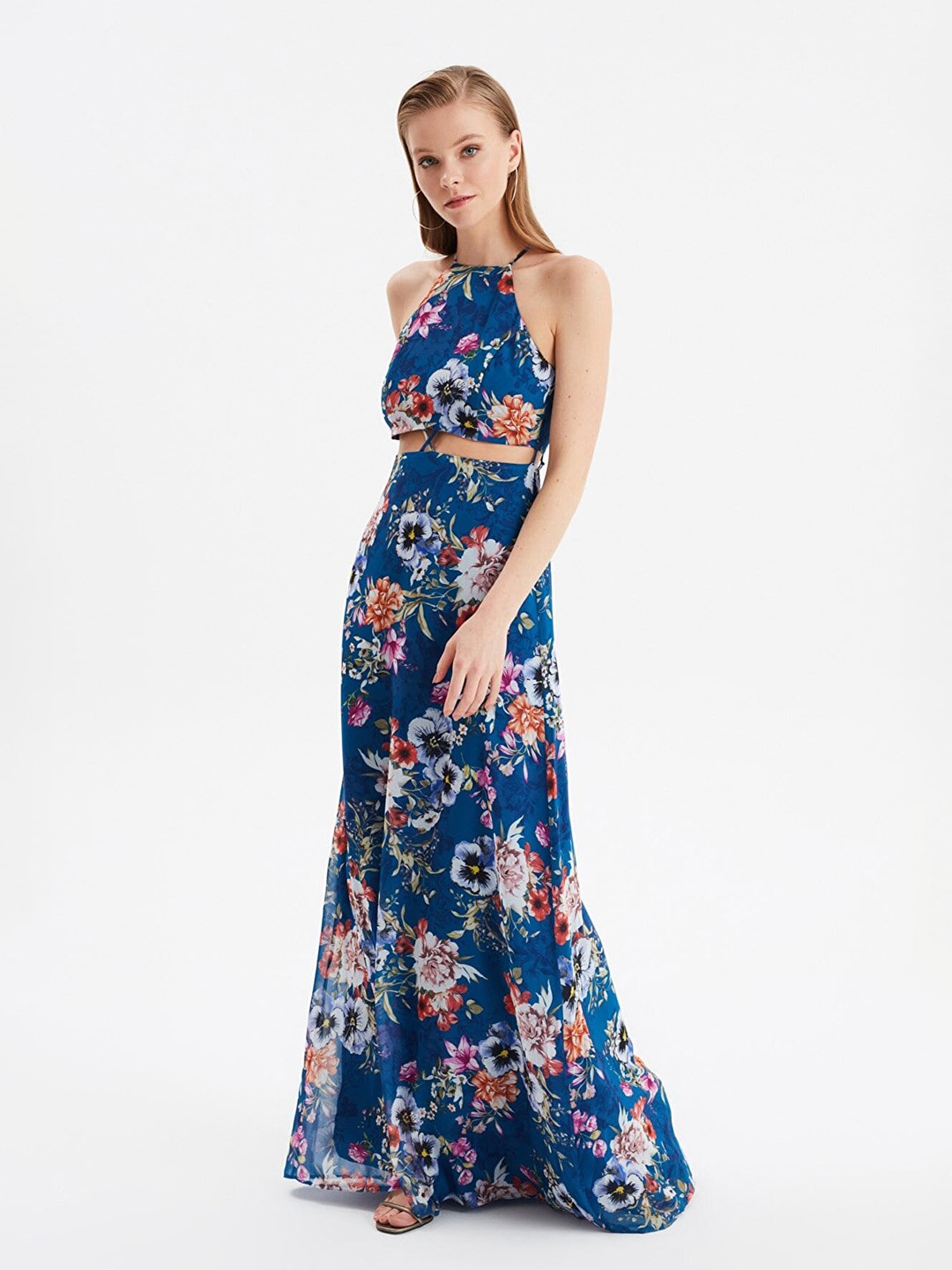 

Trendyol Floral Halter Neck Maxi Waisted Dress, Blue