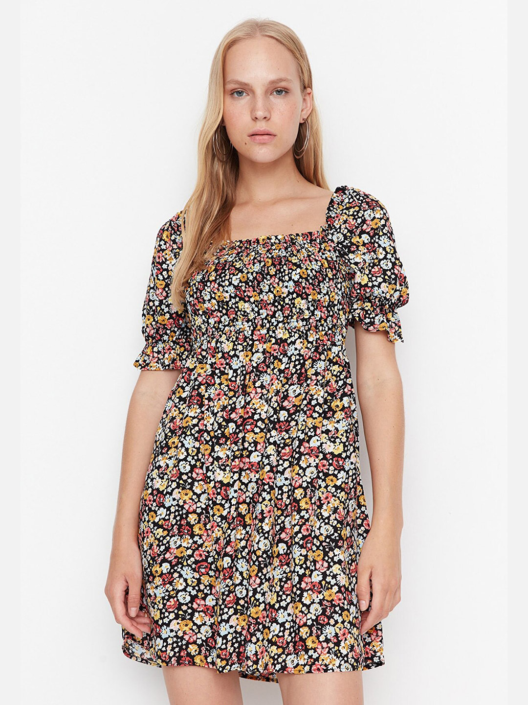 

Trendyol Square Neck Floral Printed Fit & Flare Dress, Black